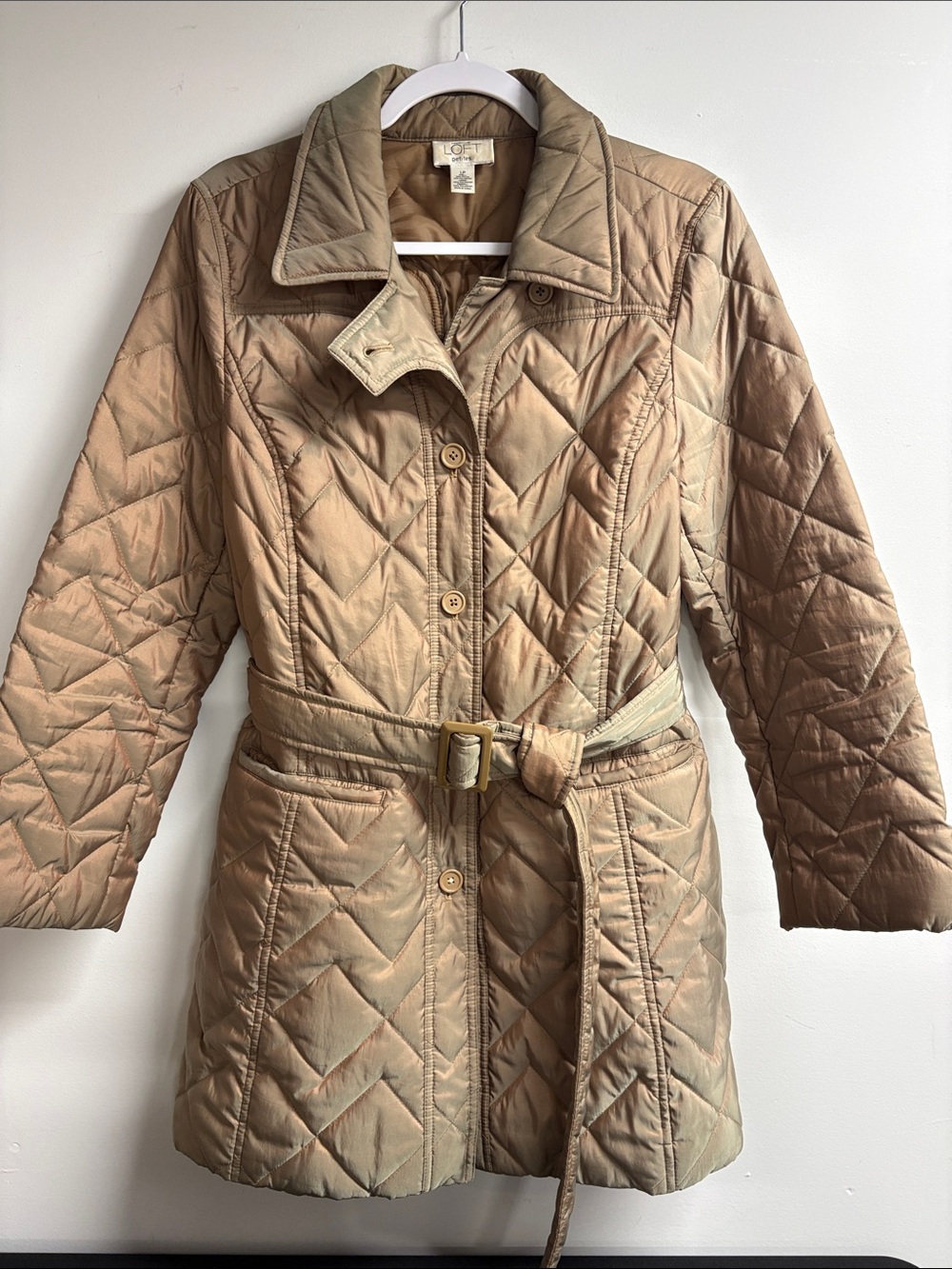 LOFT Quilted Bronze/Tan Iridescent Belted Puffer Style Coat